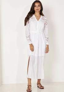 Karen Millen Cutwork Lace Gathered Waist Shirt Dress White Maxi Cotton Size 4 S - Picture 1 of 7