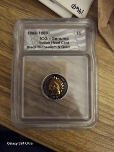 BLACK RUTHENIUM ICG Genuine Indian Head Cent Penny 1c Full Head Coin 24K Gold - Picture 1 of 7