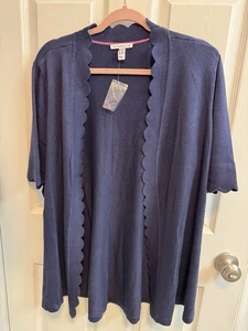 Isaac Mizrahi 1X Blue Open Cardigan Short Sleeve Scalloped Edges New But Picked - Picture 1 of 11
