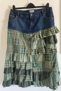 Per Una Blue Green Denim Plaid Tiered Midi Skirt Size UK 16 L - Picture 1 of 10