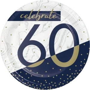 Navy and Gold Milestone 60th Birthday 7 Inch Plates Paper 8 Pack Tableware - Picture 1 of 1