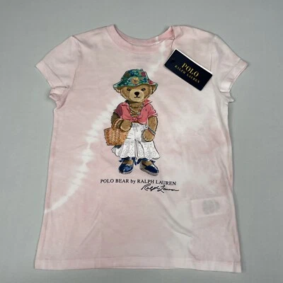 Polo Ralph Lauren Girls SMALL (7) Polo Bear Pink T-Shirt Tie Dye Short Sleeve - Image 1 of 4