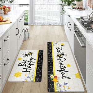Yellow Bee Kitchen Mat anti Fatigue, Bee Happy Kitchen Rugs Sets of 2, Memory Fo - Picture 1 of 12