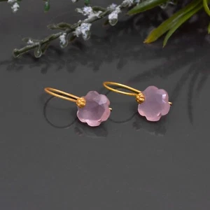 Rose quartz 10 mm flower- 22k Gold Dangle earrings for women valentine gift - Picture 1 of 2