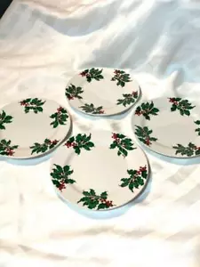 HALLMARK CHINA Christmas POINSETTIA-HOLLY 4Pc SALAD PLATES Vintage EXCELLENT - Picture 1 of 5