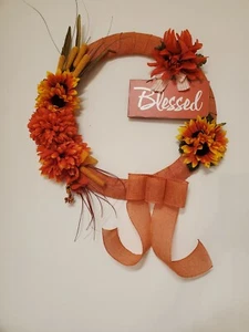 BLESSED orange red yellow SUNFLOWERS WREATH FALL autumn Decor Front Door 19" - Picture 1 of 7