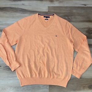 Tommy Hilfiger Mens Sweater V Neck Large Premium Cotton Prestige Orange