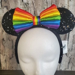 Disney Parks Minnie Black Sequin Ears Rainbow Collection Adult Pride EUC - Picture 1 of 6