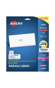 Etichette indirizzo postale Avery Easy Peel getto d'inchiostro 1 x 2 5/8 bianco 300/confezione 18160 - Foto 1 di 12