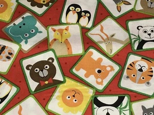 Fabric Zoo Animal Patches On the Road on Red Cotton by the 1/4 yard - Picture 1 of 4