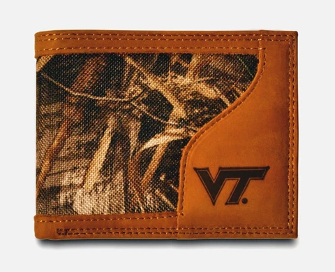 Virginia Tech Hokies Bi-fold Realtree Max-5 Camo & Leather Wallet - Zep-Pro NCAA Cover