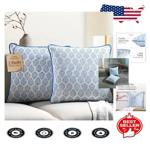 100% Cotton Royal Blue Floral Print Pillow Covers - Set of 2 for Home Decor - Picture 1 of 11