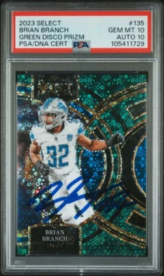 BRIAN BRANCH SIGNED 2023 PANINI SELECT GREEN DISCO 135 Rookie PSA 10 AUTO 10 5/5 - Image 1 of 2