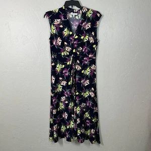 Chaus Dress L Navy Blue Floral Stretch Pullover Knotted Vneck Cap Sleeve - Picture 1 of 16