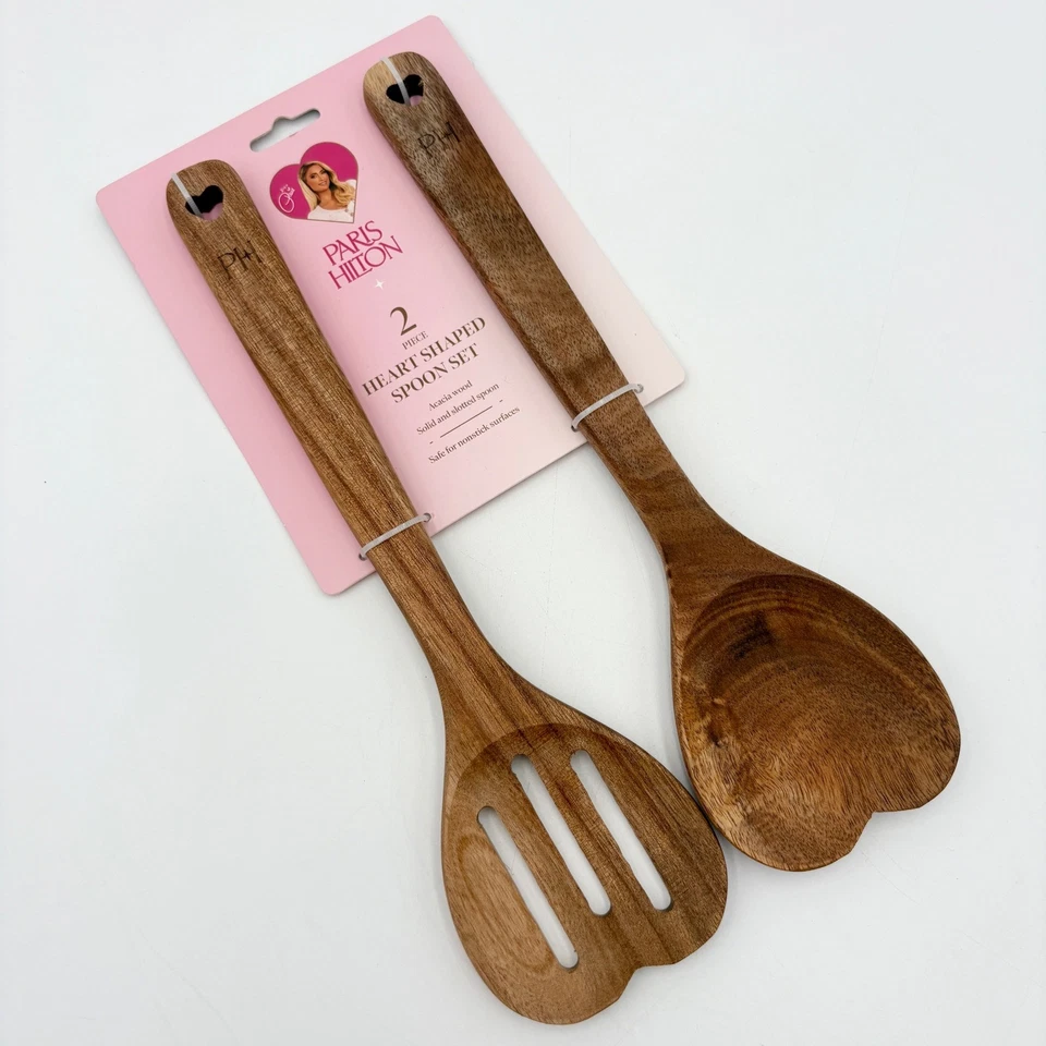 Paris Hilton 2 Piece Heart Shaped Acacia Wood Spoon Set Solid Slotted - Image 1 of 1