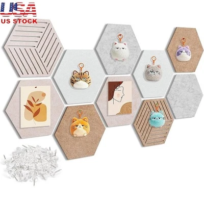 10 Pack Hexagon Cork Board Tiles 30 Push Pins Sound Absorbing Wall Decor New - Image 1 of 4