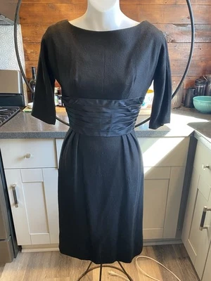 "Vestido vintage Aubrey Hepburn lana satinado faja cintura movible años 50/60 24"" cintura XS" Foto 1 de 4