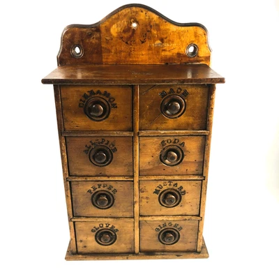 Antique Wood Apothecary Spice Cabinet Primitive 8 Labeled Drawers 17" x 11" - Image 1 of 4