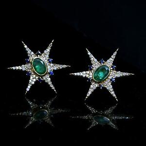 2Ct Oval Cut Lab Created Emerald Star Stud Earring 14K Yellow Gold Plated Silver