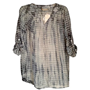 NWT Soft Surroundings Gray Tie Dye Striped Tunic Top Tab Sleeve Cotton Blend M - Picture 1 of 10