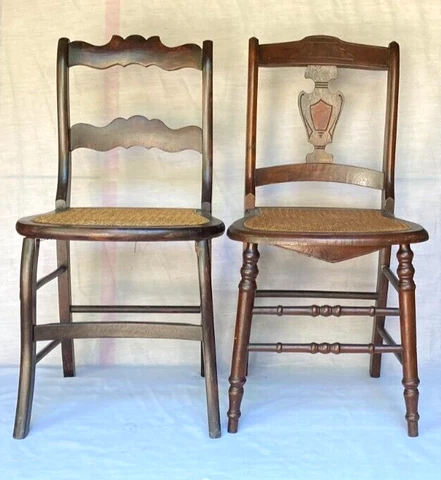 2 Antique Wooden Side Dining Chairs with Cane Seat & Turned Spindle Legs Cover