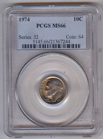 1974 Roosevelt Dime 10C + PCGS + MS 66 Cover