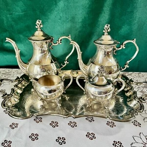 Vtg English Silver MFG Corp Footed Tea & Coffee Plated 5 Piece set w Ornate Tray - Picture 1 of 24