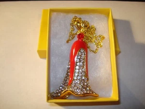 3~D Large Red Enamel Clear Rhinestone Christmas Bell Pendant Necklace New - Picture 1 of 4