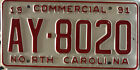 Vintage North Carolina NC Auto License Plate ~ 1991 Commercial AY-8020