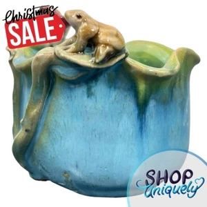 Vintage Handmade Decorative Glazed Blue/Green Frog And Lily Flower Planter Vase - Picture 1 of 8