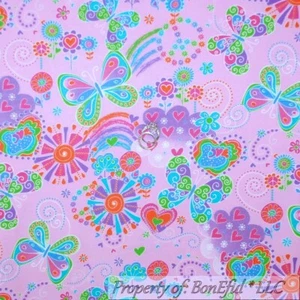 BonEful Fabric FQ Cotton Quilt Flannel Peace PINK Heart Butterfly Flower Garden - Picture 1 of 12