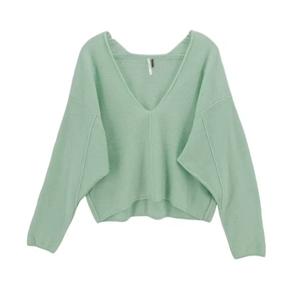 FREE PEOPLE Solitaire 100% Cashmere Mint Green Deep V-Neck Sweater MEDIUM - Image 1 of 4