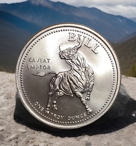 NTR Metals Bull and Bear Caveat Emptor 1 oz .999 Fine Silver Art Round - Picture 1 of 3