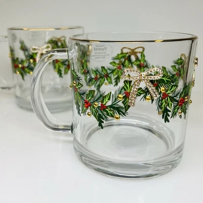 Taza de café de vidrio de Navidad taza de té arco dorado estrás acebo barra juego de 2 NUEVO Foto 1 de 4