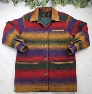 VTG Eddie Bauer Men's Multicolor Wool Button Overcoat Size M Leather Accent - Picture 1 of 10