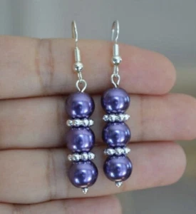 Handmade Purple glass pearl silver dangle Earring - Picture 1 of 5
