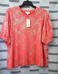 Michael Kors Sangria Foil Blouse Top Plus Size 4X Puff Sleeve Gold Tone NWT *L - Picture 1 of 9