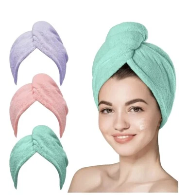 Paquete de 3 envolturas de toallas de microfibra para el cabello ¡secado rápido!  Verde púrpura y rosa  Foto 1 de 4