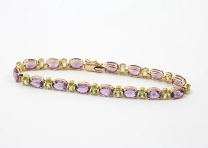 14K Yellow Gold Amethyst and Peridot Bracelet, 6.75" Long - Picture 1 of 6