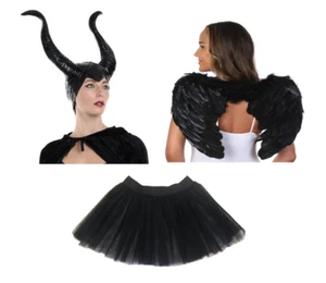 Black Latex Maleficent Evil Devil Horns, Net Tutu & Wing Costume Set Fancy Dress - Picture 1 of 1