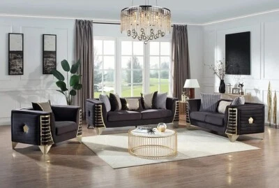 NUEVO SOFÁ 3 PIEZAS Negro Dorado Loveseat Silla Terciopelo Lujo Contemporáneo Glamour Sala de estar Foto 1 de 4