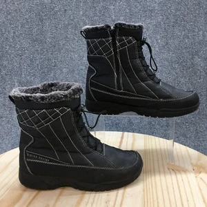 Alpine Winter Snow Boots Womens 8 Eve Black Faux Leather Lace Up Faux Fur Wedge - Picture 1 of 19