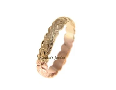 14K YELLOW ROSE GOLD CUSTOM HAND ENGRAVED HAWAIIAN SCROLL MAILE RING CUTOUT 4MM - Image 1 of 4