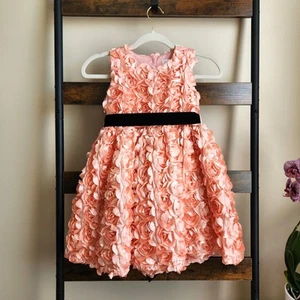 Joe-Ella Toddler Girl's Coral Floral Rosette Fit & Flare Party Dress Kids Size 5 - Picture 1 of 7