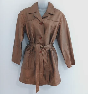 VTG Newport Trench Coat Leather Women Small Metalic Gold Belted Countryside Chic - Picture 1 of 16