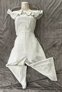 ENGLISH FACTORY Womens Jumpsuit Small White Striped Cropped Wide Leg Ruffle - Picture 1 of 10