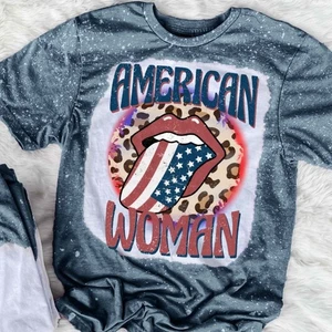 Gildan Soft style Bleached Tee, American Woman Graphic Bleached Tee - Picture 1 of 3