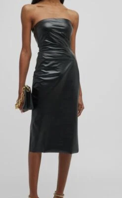 Chiara Boni 女式黑色无肩带素食皮革褶皱紧身连衣裙 50 码 — 第 1/4 张图片