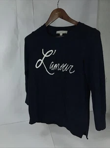 Loft Sweater L'Amour White Cursive Front Long Sleeves XS Navy French Women - Picture 1 of 8