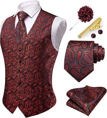 Hi-Tie Men'S Suit Vest and Tie Set Formal Waistcoat V-Neck Paisley Vest and Tie  - Image 1 of 4